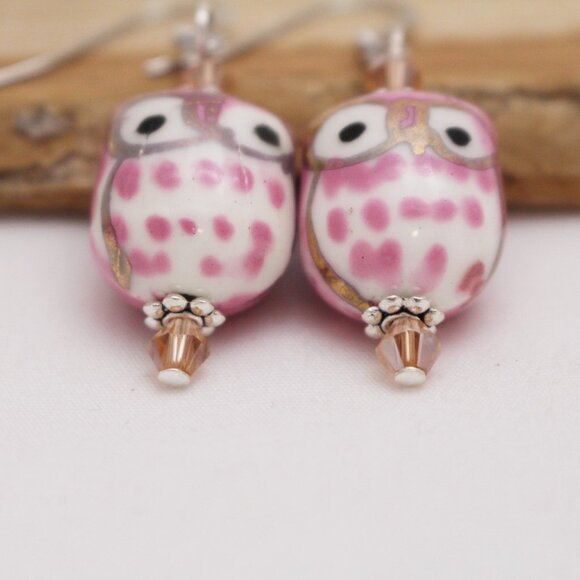 Pink Hand Painted Porcelain Owl Beaded Earrings - Handmade & Hypoallergenic - Picture 5 of 7